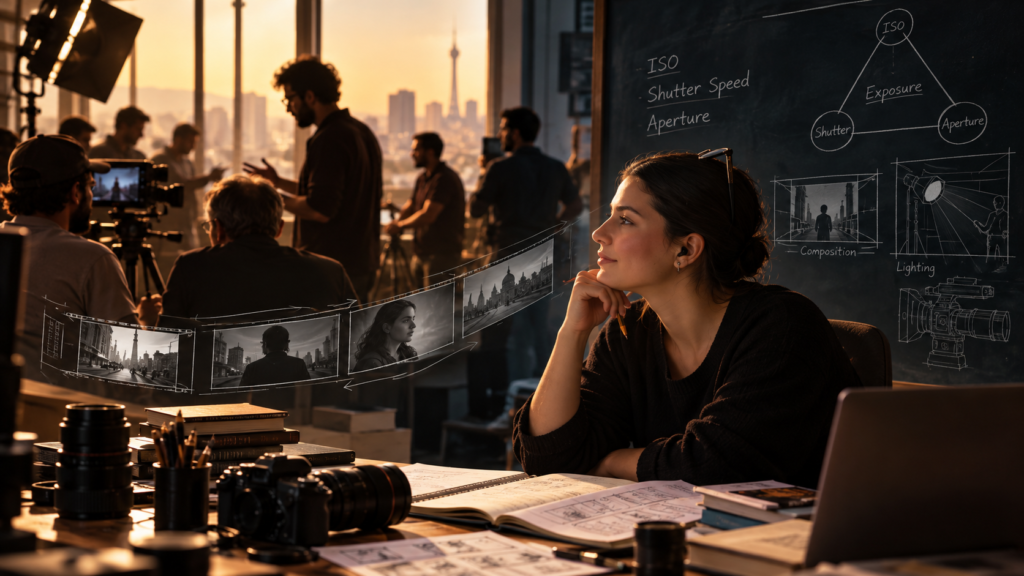 A filmmaker observing a production crew while studying cinematography, camera techniques, lighting, and composition.