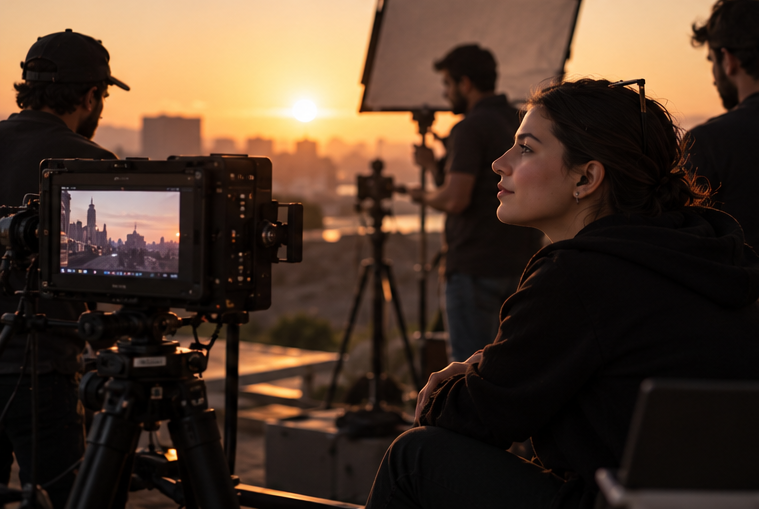 A female filmmaker observing a camera crew during a golden-hour outdoor shoot, with a cinema camera and lighting equipment in the foreground.