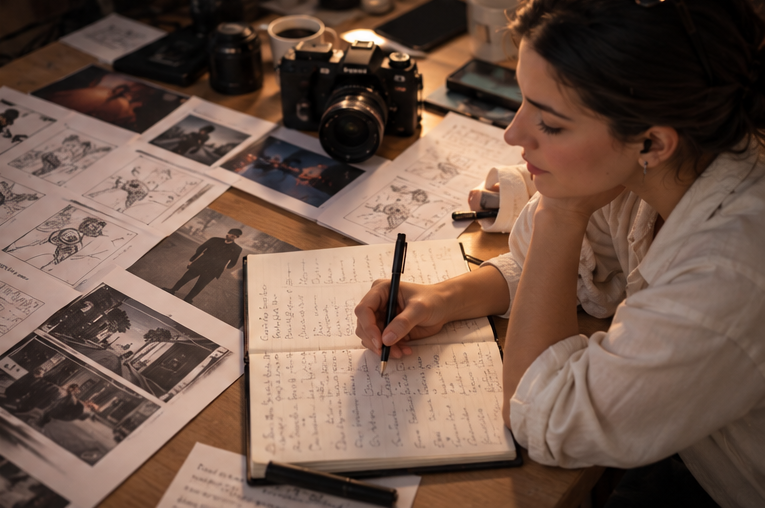 A filmmaker writing in a notebook beside a camera, film storyboards, and visual references during the creative planning process.