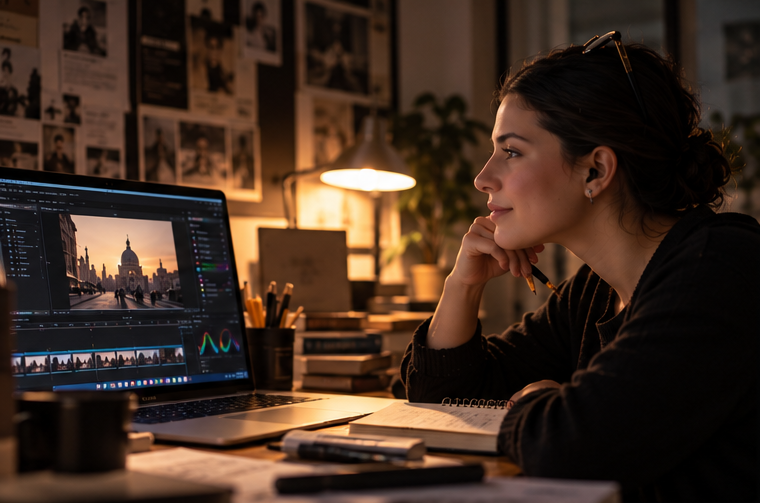 A filmmaker reviewing footage and color grading a scene on a laptop in a warmly lit editing workspace.