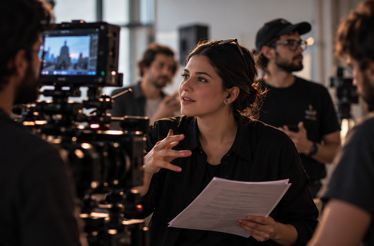 A filmmaker developing story ideas and planning a film project with scripts, storyboards, and visual references.
